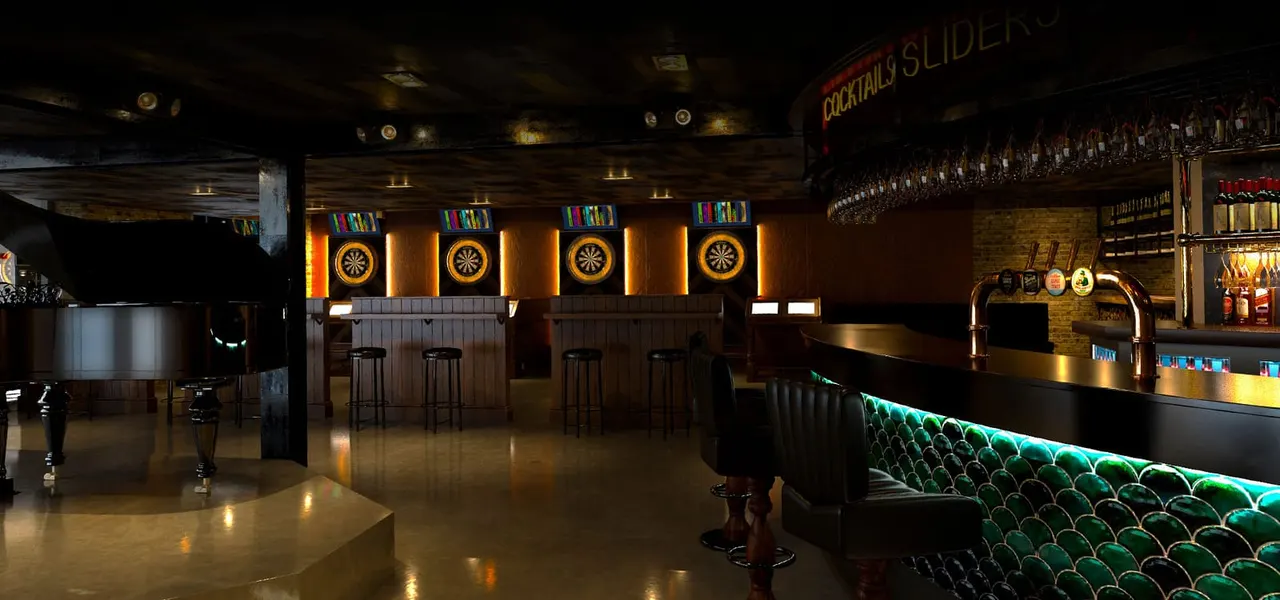 A dimly lit entertainment venue with darts boards, bar seating, and games area.