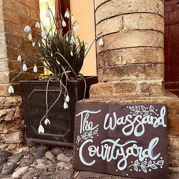 Potted snowdrops and a wooden sign reading "The Wassed Courtyard" against a stone wall and circular stone structure.