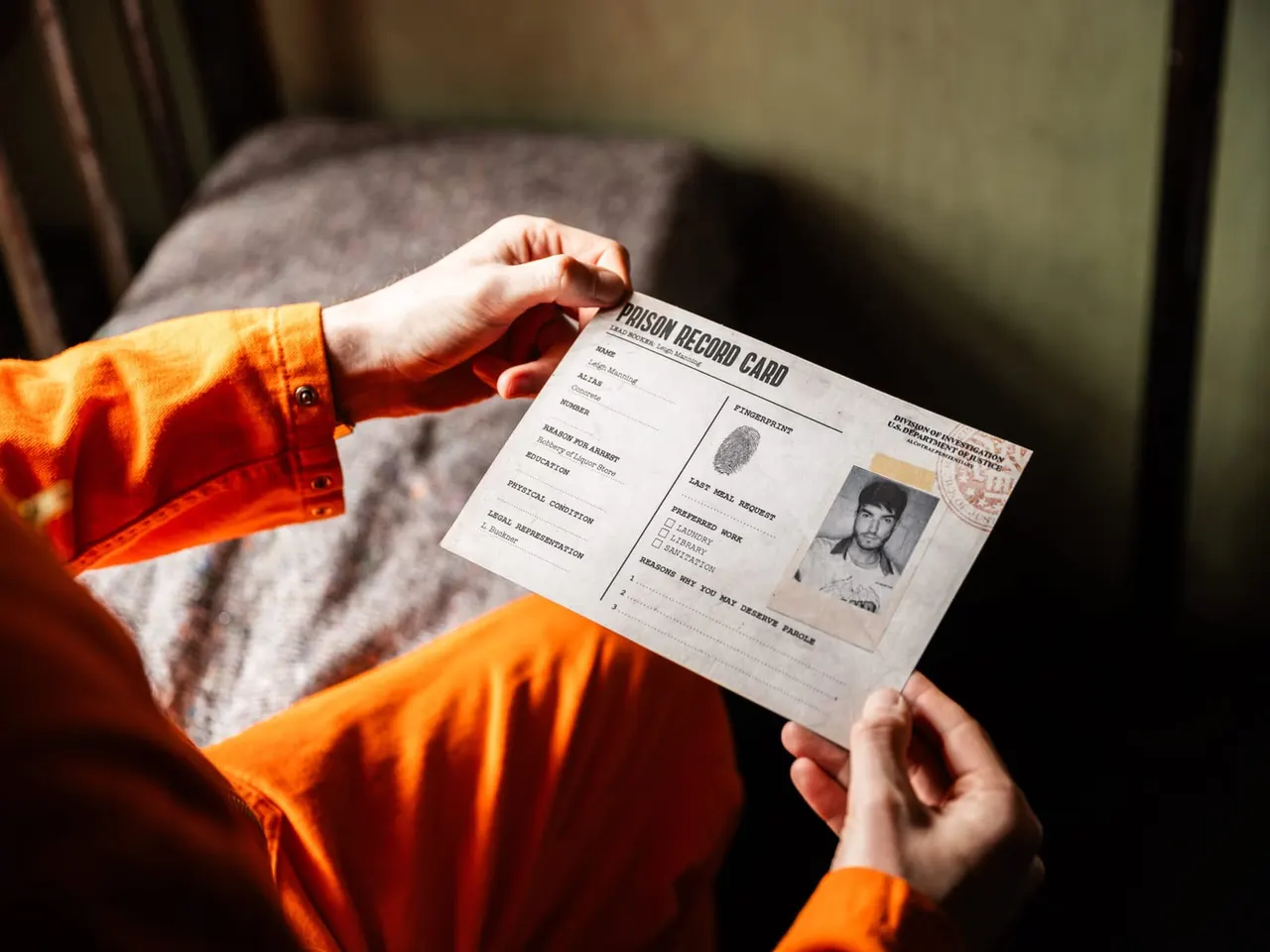 Person in orange prison uniform holding a prison record card with photograph and fingerprint details.