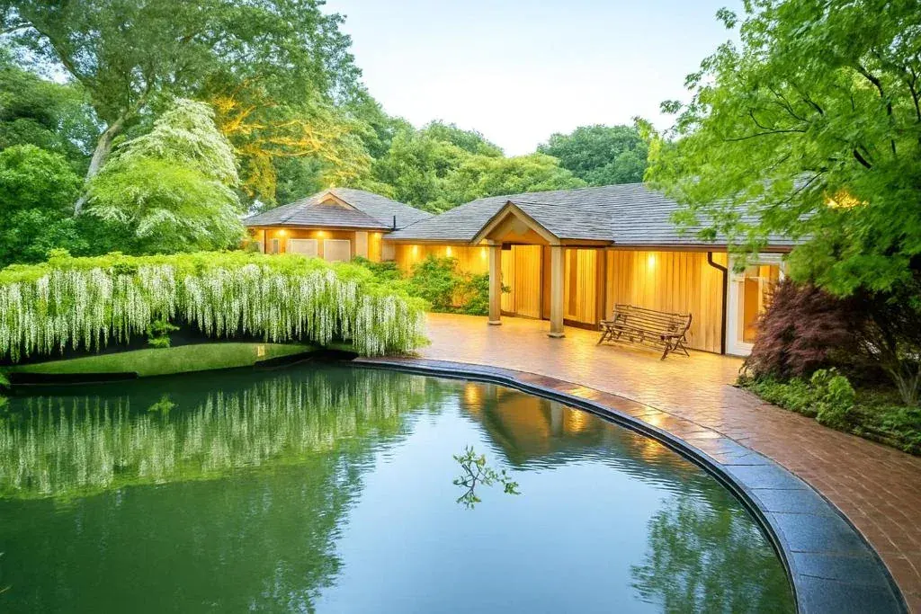 Modern pavilion building with illuminated windows beside a pond, surrounded by mature trees and landscaped gardens at dusk.