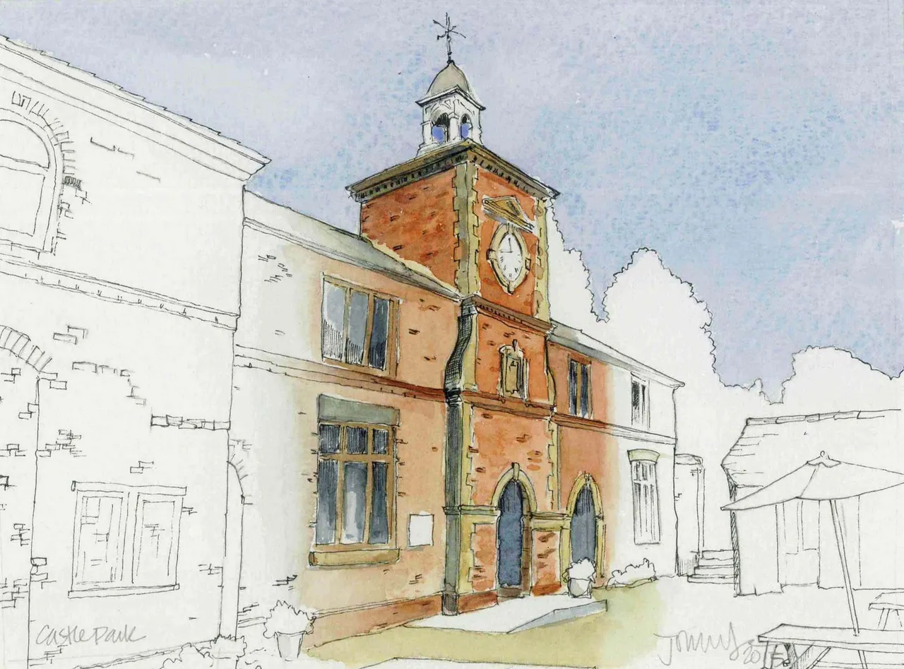 Architectural watercolour illustration of a Victorian-era brick chapel or church building with a clock tower and cross, surrounded by modern structures.