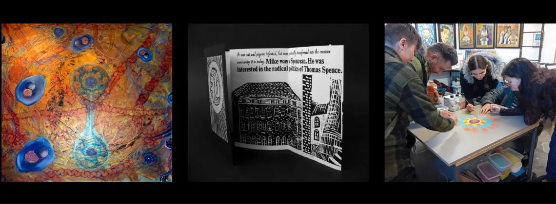 This is a designed graphic—a collage of three images displayed together, showing artwork and a group activity. It is a composite display rather than a single photograph.

GRAPHIC