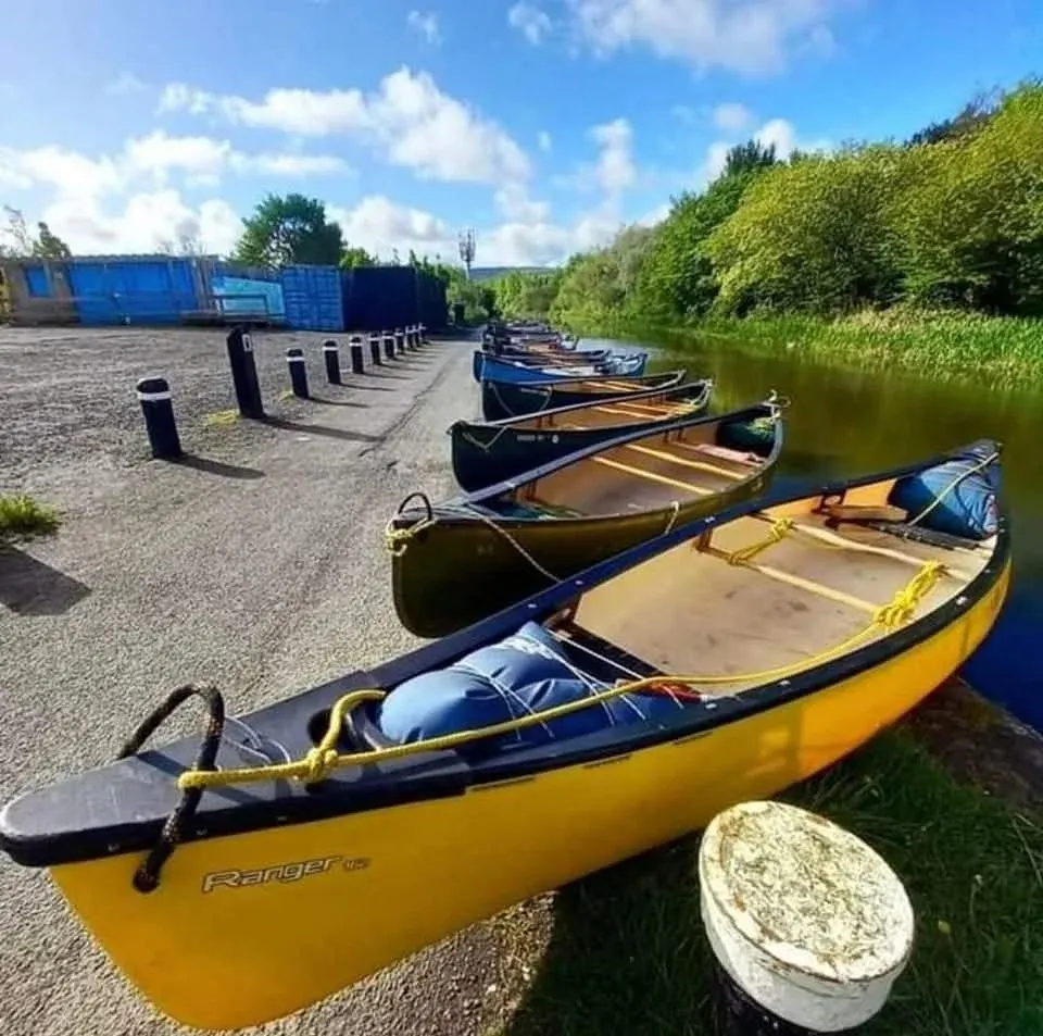 Row of coloured canoes moored along a canal towpath beside lush green vegetation.