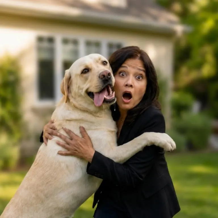 Woman holding up a large cream-coloured dog with its paws on her shoulders, both looking animated in a garden setting.