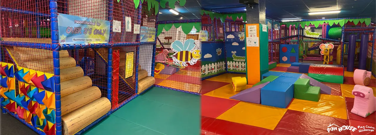 Colourful indoor play area with soft play equipment, climbing structures, ball pits and foam blocks for young children.