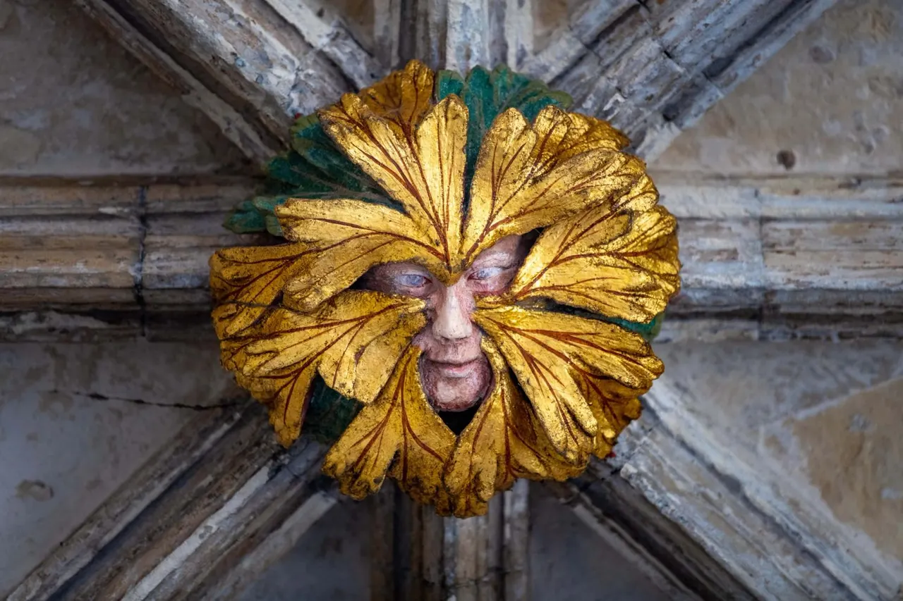 Gilt carved wooden mask with leafy features mounted on weathered wooden ceiling beams.