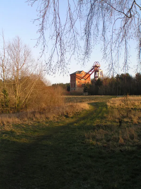 Disused brick mining tower with conveyor chute in winter landscape with bare trees and overgrown field.