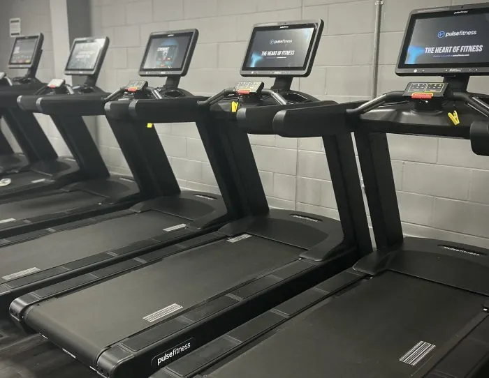 Row of treadmills with screens in a gymnasium fitness studio.