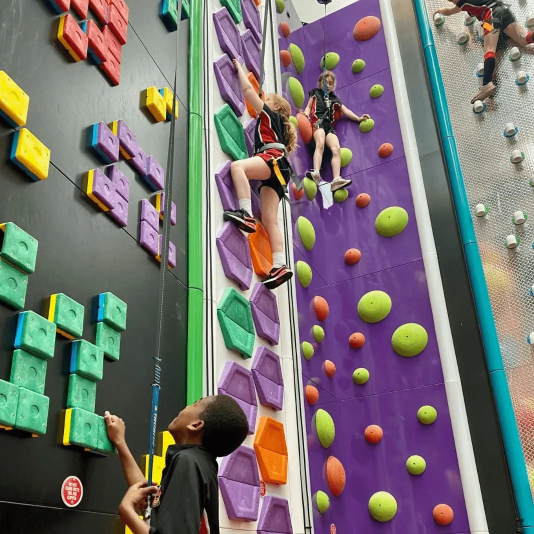 Children rock climbing on colourful indoor climbing walls with safety harnesses and ropes.
