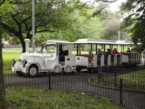 White miniature train with passengers travelling through a leafy park on a sunny day.