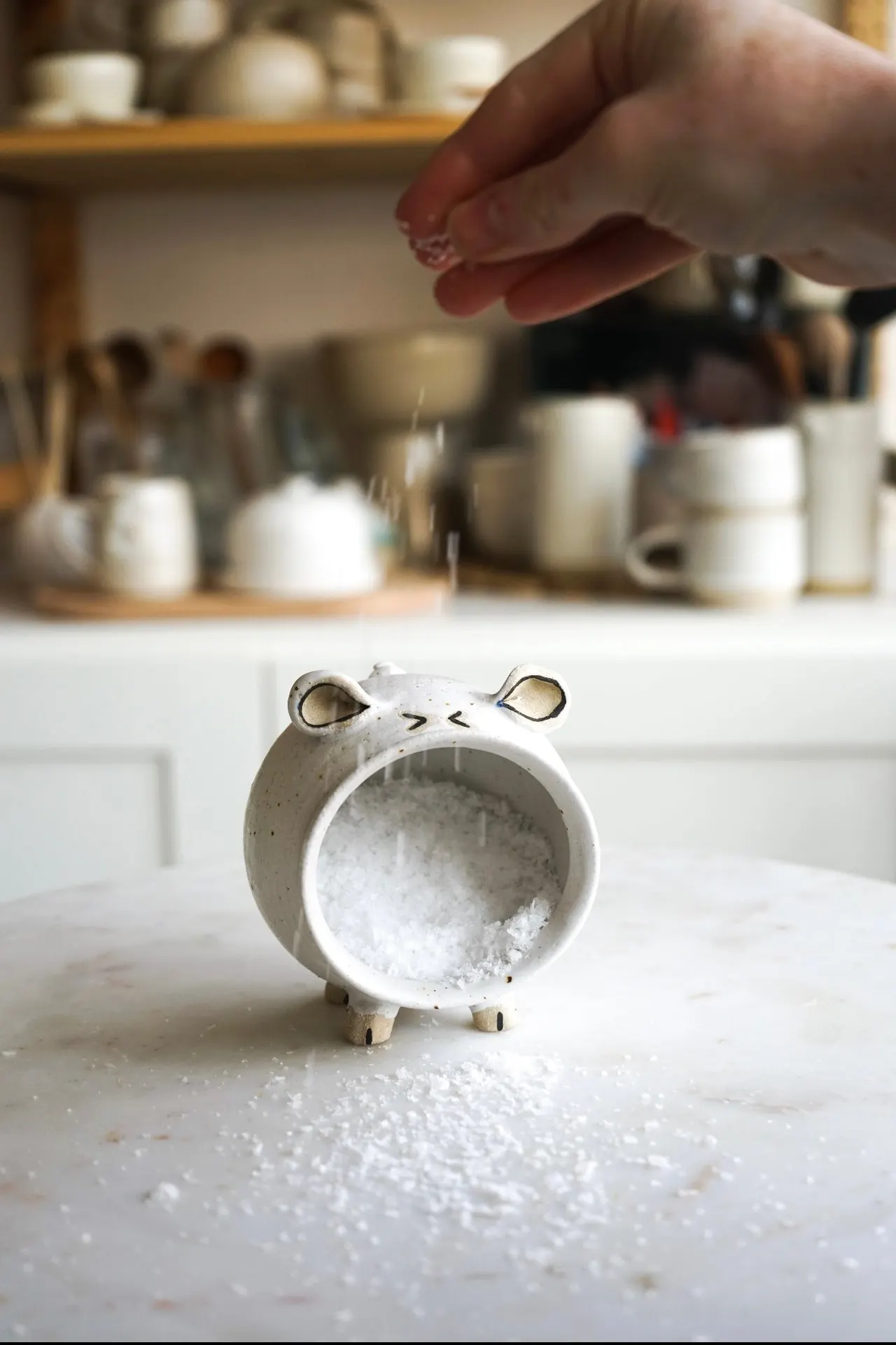 Hand sprinkling salt into a ceramic animal-shaped salt cellar in a pottery studio.