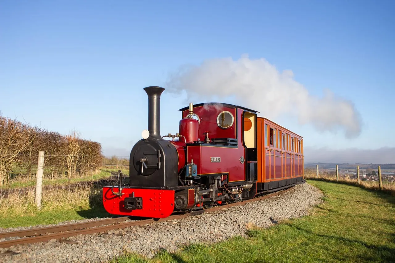 A red and black steam locomotive with orange carriages on a rural railway track, surrounded by hedgerows and countryside.