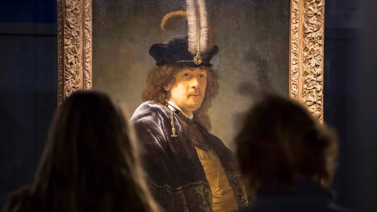 Visitors viewing a classical portrait painting in an ornate gilt frame at a museum or gallery.