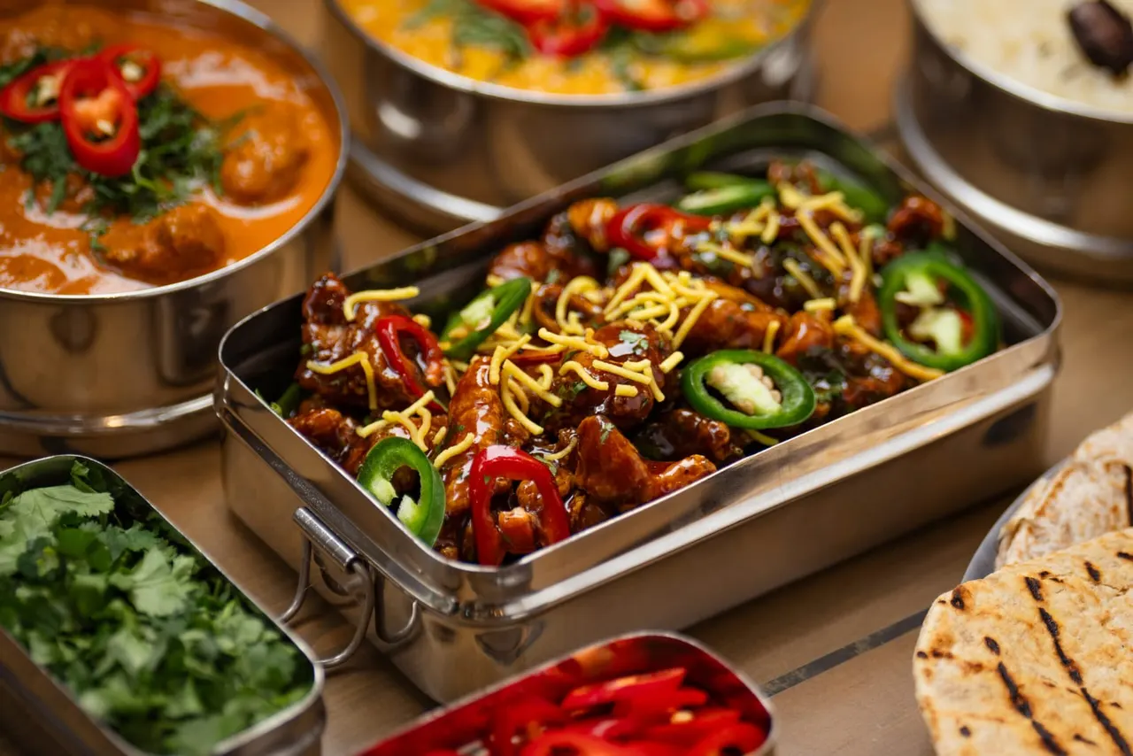 Indian curry dishes served in metal containers with fresh chillies, noodles and coriander garnish, alongside breads and condiments.