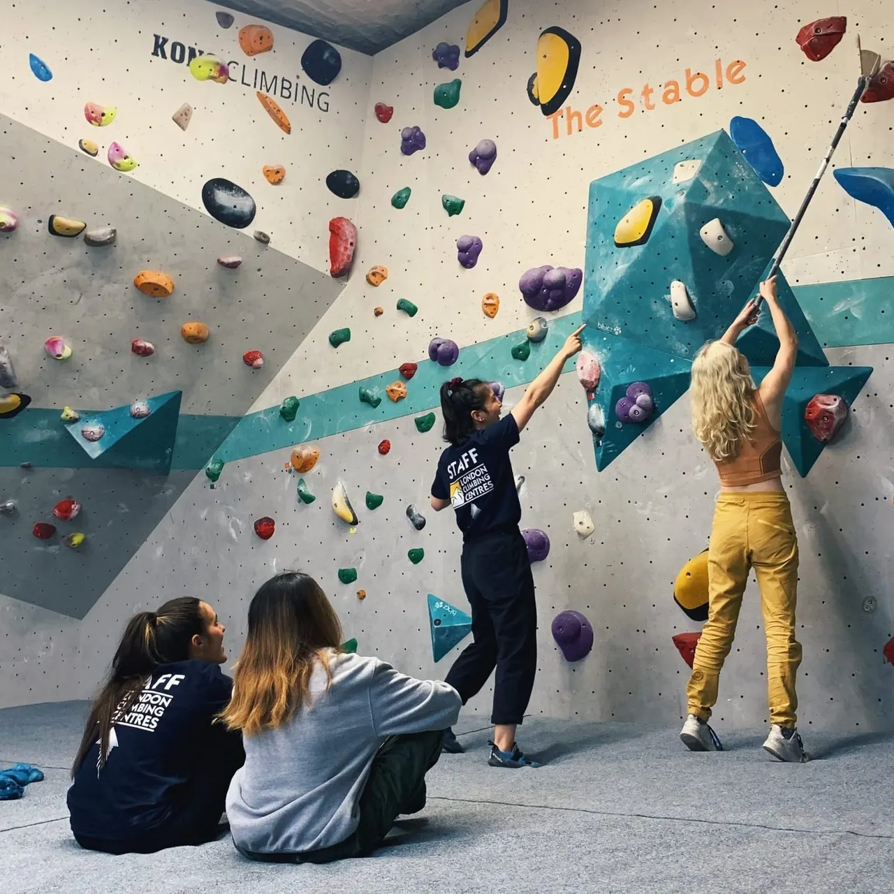Two children climbing a coloured hold wall whilst two others watch from the ground.