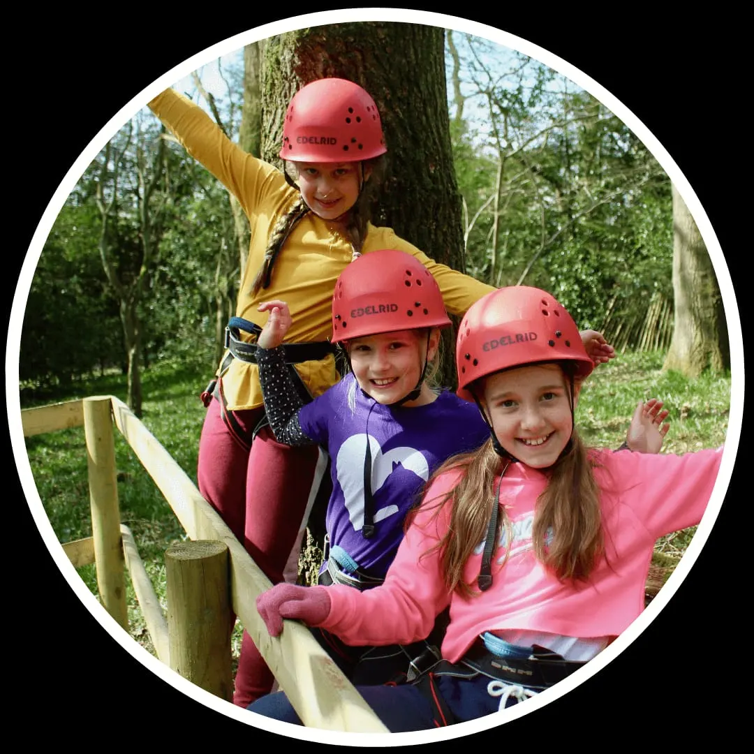 Four children wearing safety helmets and harnesses during a tree-top adventure activity in a woodland setting.