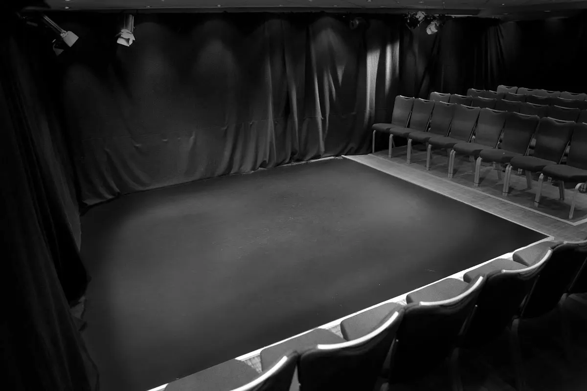 Empty theatre space with black curtains, stage lights, and rows of black seats facing a lit performance stage.