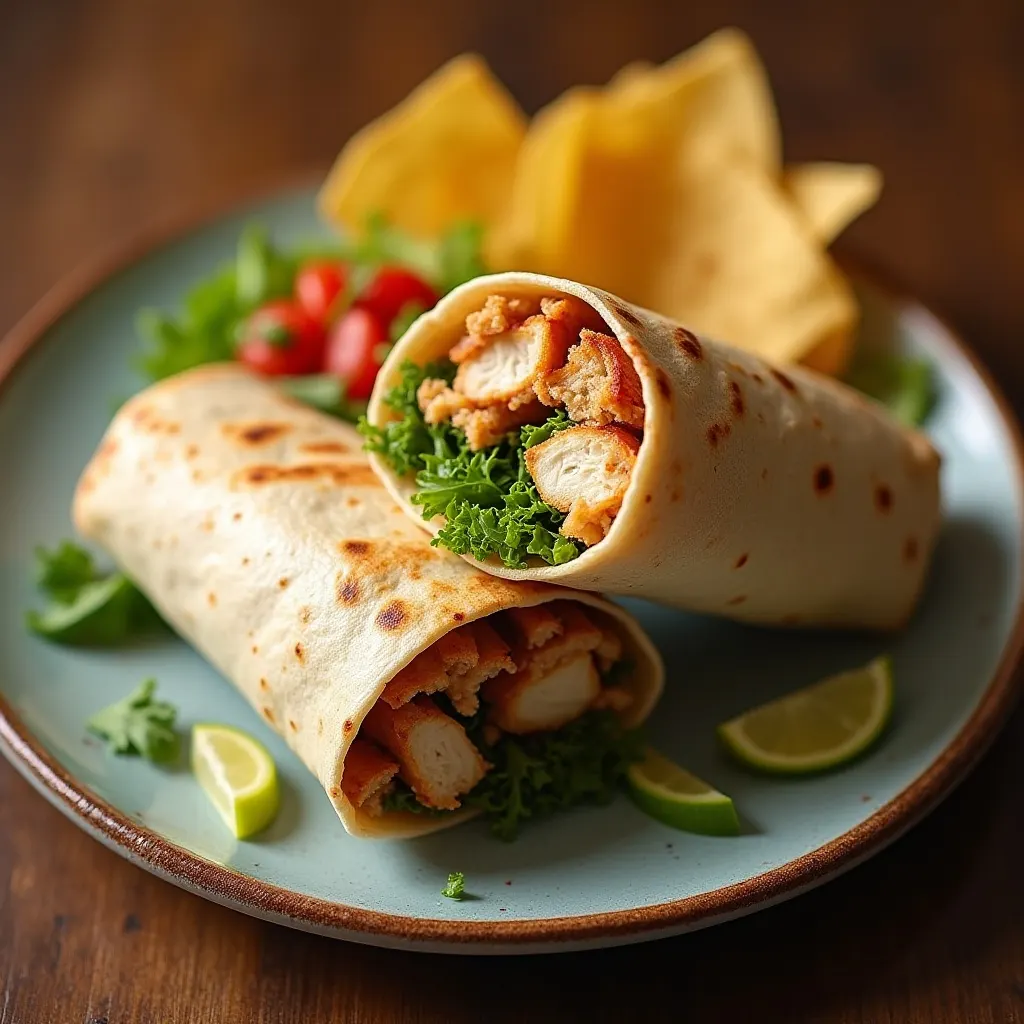 Two wraps filled with meat, lettuce and red peppers, served with lime wedges, salad and chips on a plate.