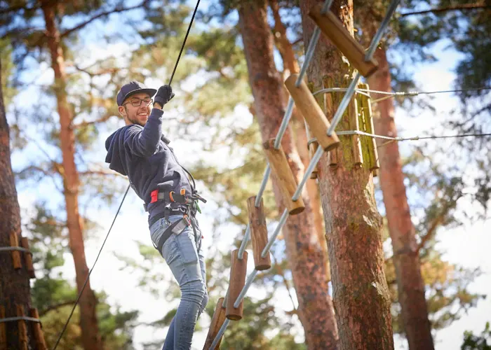 Man zip-lining through the trees on a high-rope course in a forest.