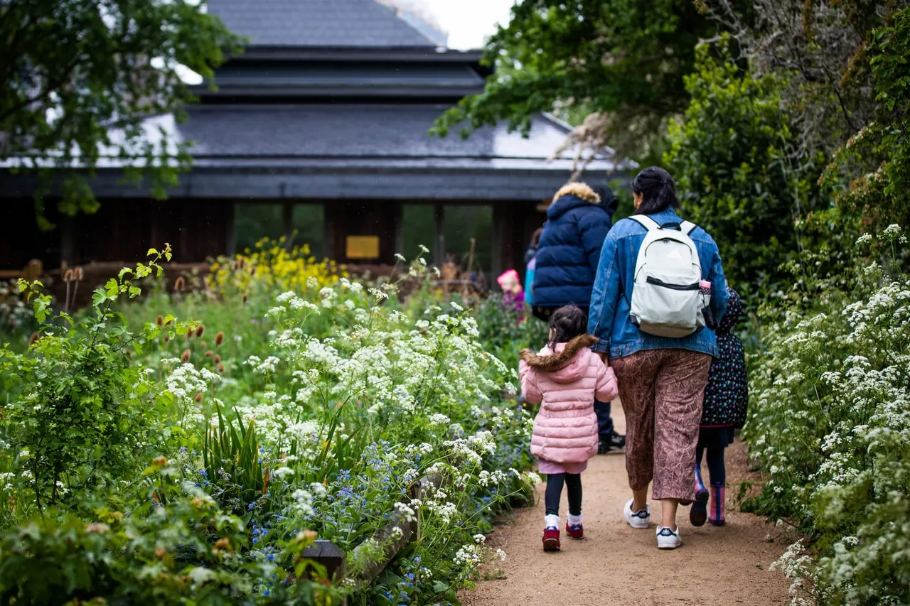 Adults and children walking along a garden path lined with white flowers and green foliage towards a modern black building.