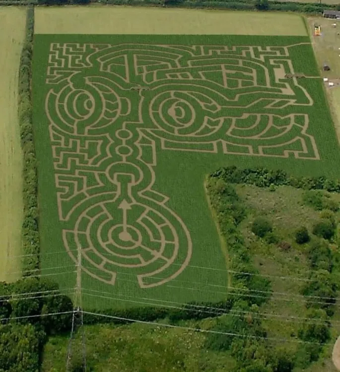 Aerial view of a large corn maze with intricate pathways cut into a green field.