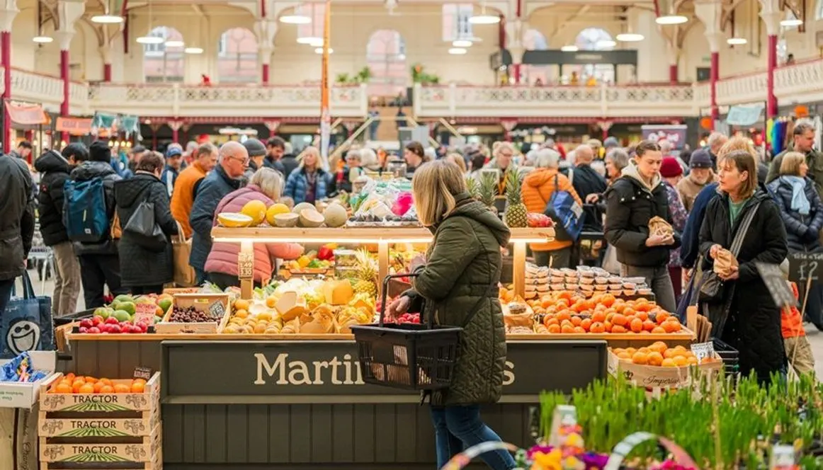 Busy indoor market hall with shoppers browsing fruit and vegetable stalls beneath ornate Victorian architecture.