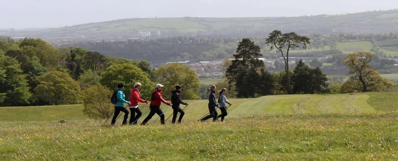 Six people Nordic walking across a grassy hillside with a valley view and town visible in the distance.