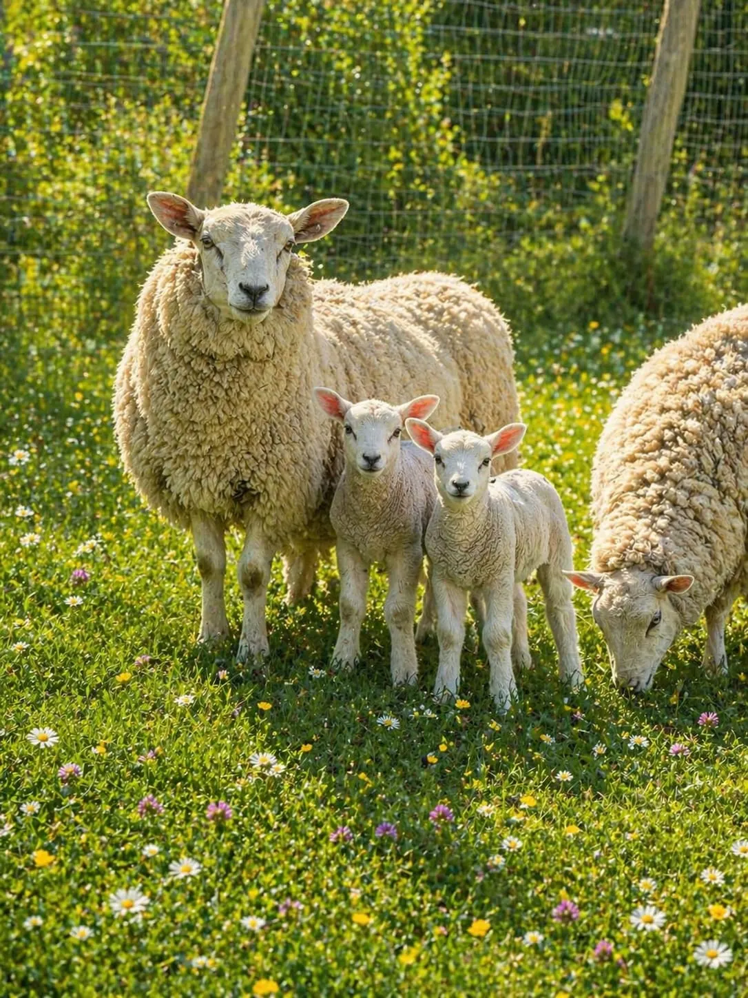 Sheep and lambs grazing in a wildflower meadow with wooden fencing and green foliage behind.
