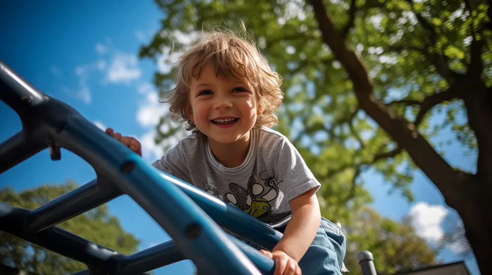 Young child smiling while climbing on blue playground equipment beneath trees on a sunny day.
