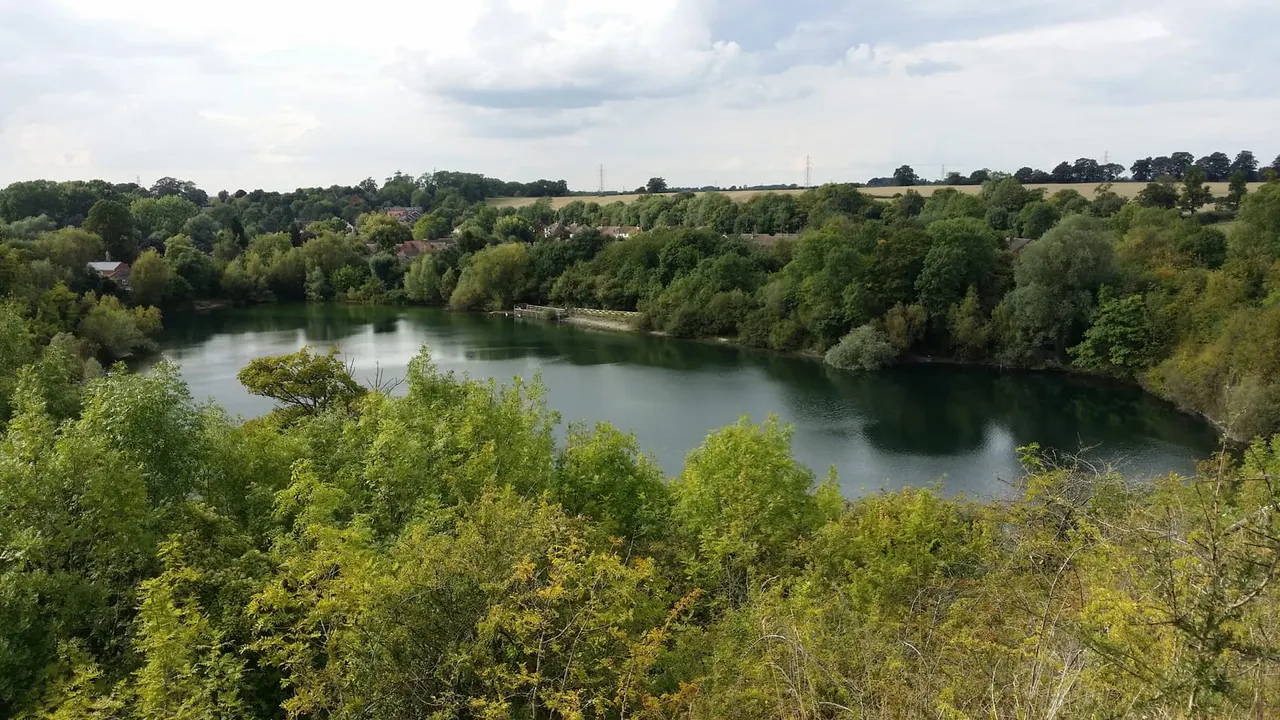 River lined with dense green trees and woodland, with a village visible beyond and open farmland in the distance.