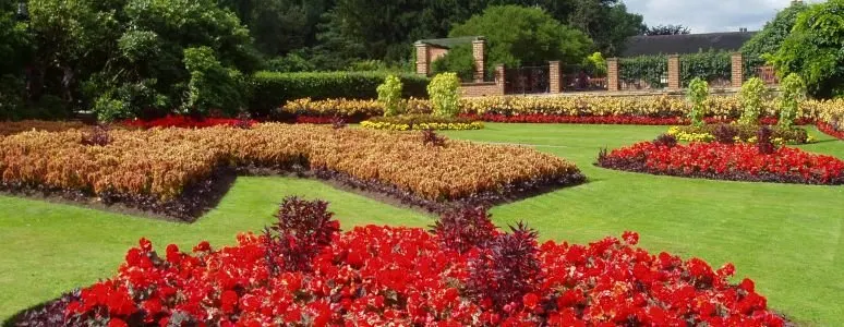This is a PHOTOGRAPH.

Formal garden with vibrant red flowers in foreground, bronze foliage plants, green lawn and brick pillars beyond.