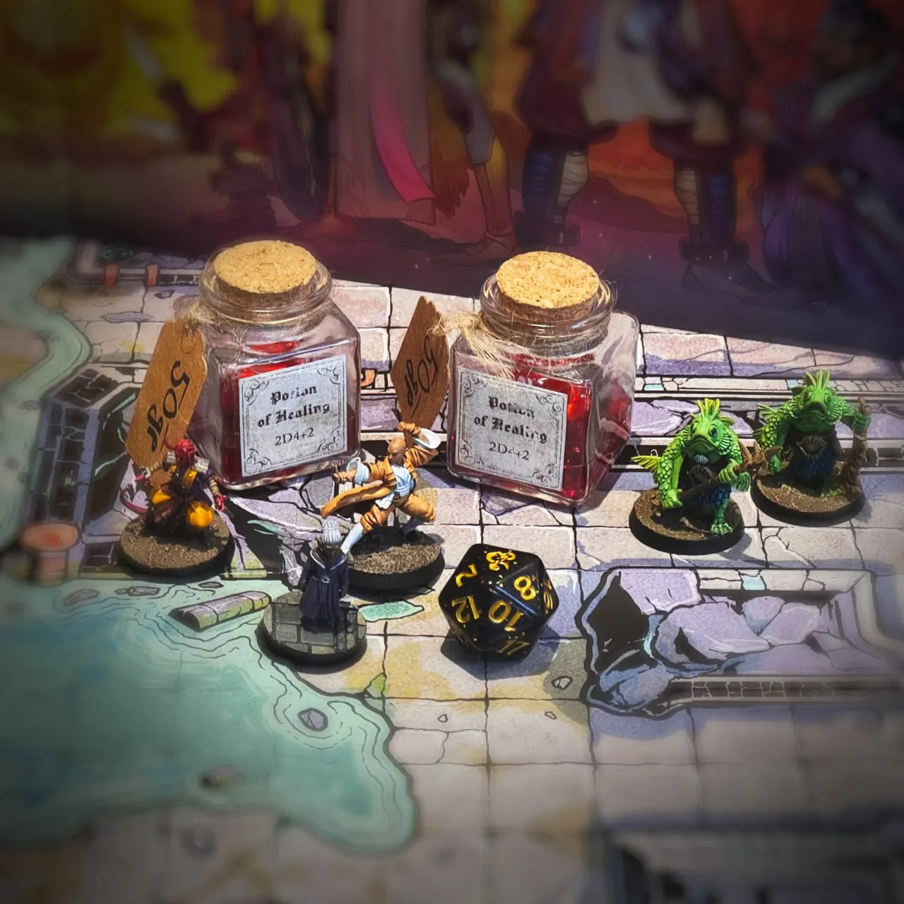 Tabletop fantasy game board showing miniature painted figures, dice and potion bottles with players stood around.