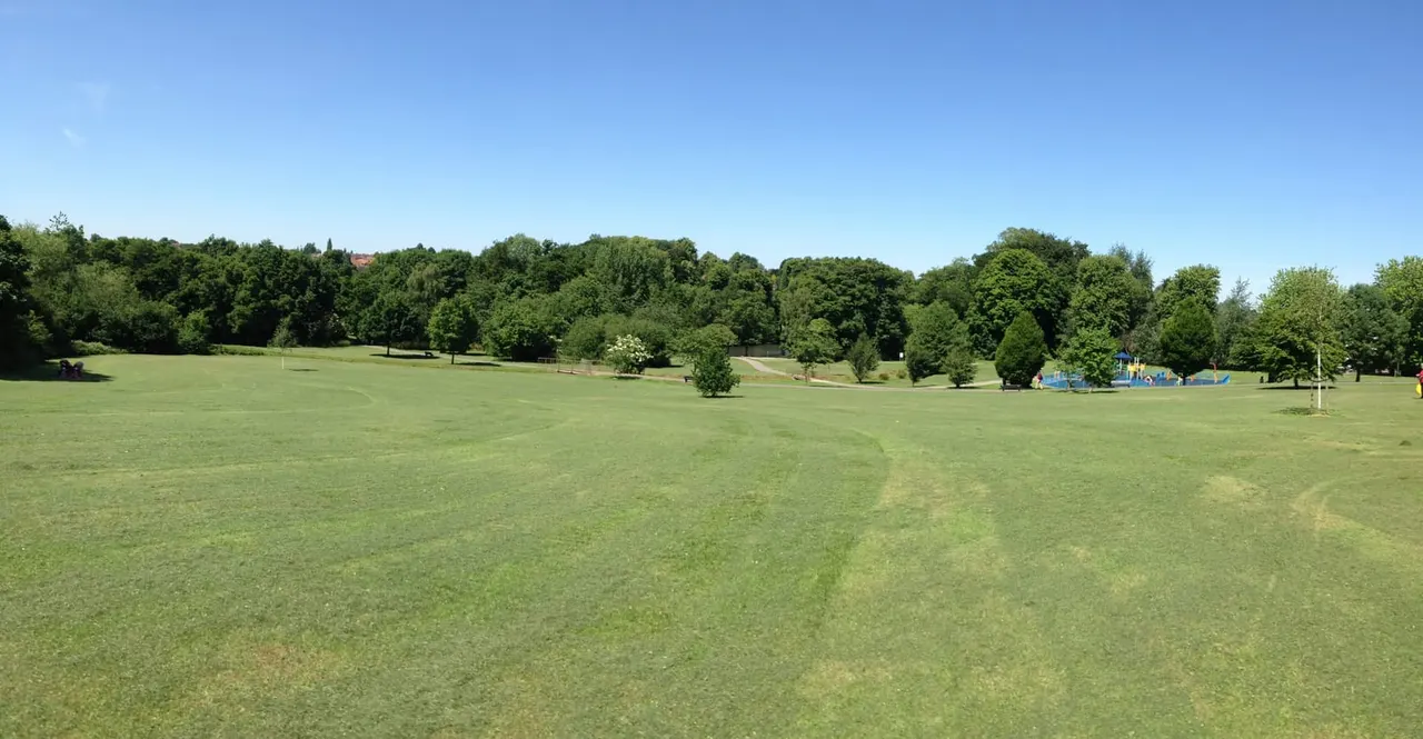 Expansive grassy field with play equipment visible in the distance, framed by mature trees under a clear blue sky.