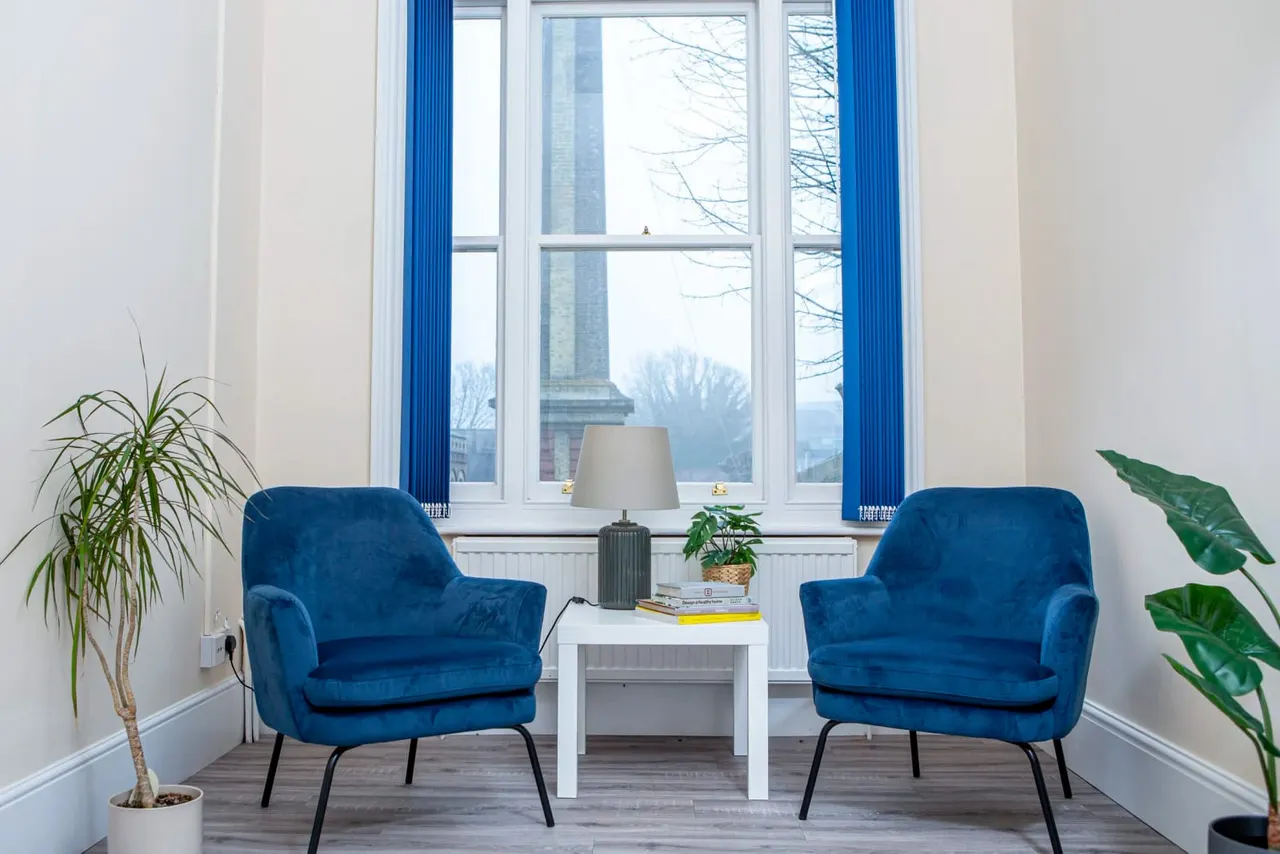 Two blue velvet armchairs face each other across a white table in a bright room with large windows overlooking a monument and bare trees.