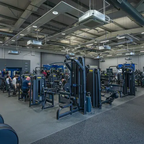 Modern gym interior with people using various blue and black exercise machines under industrial ceiling lighting.