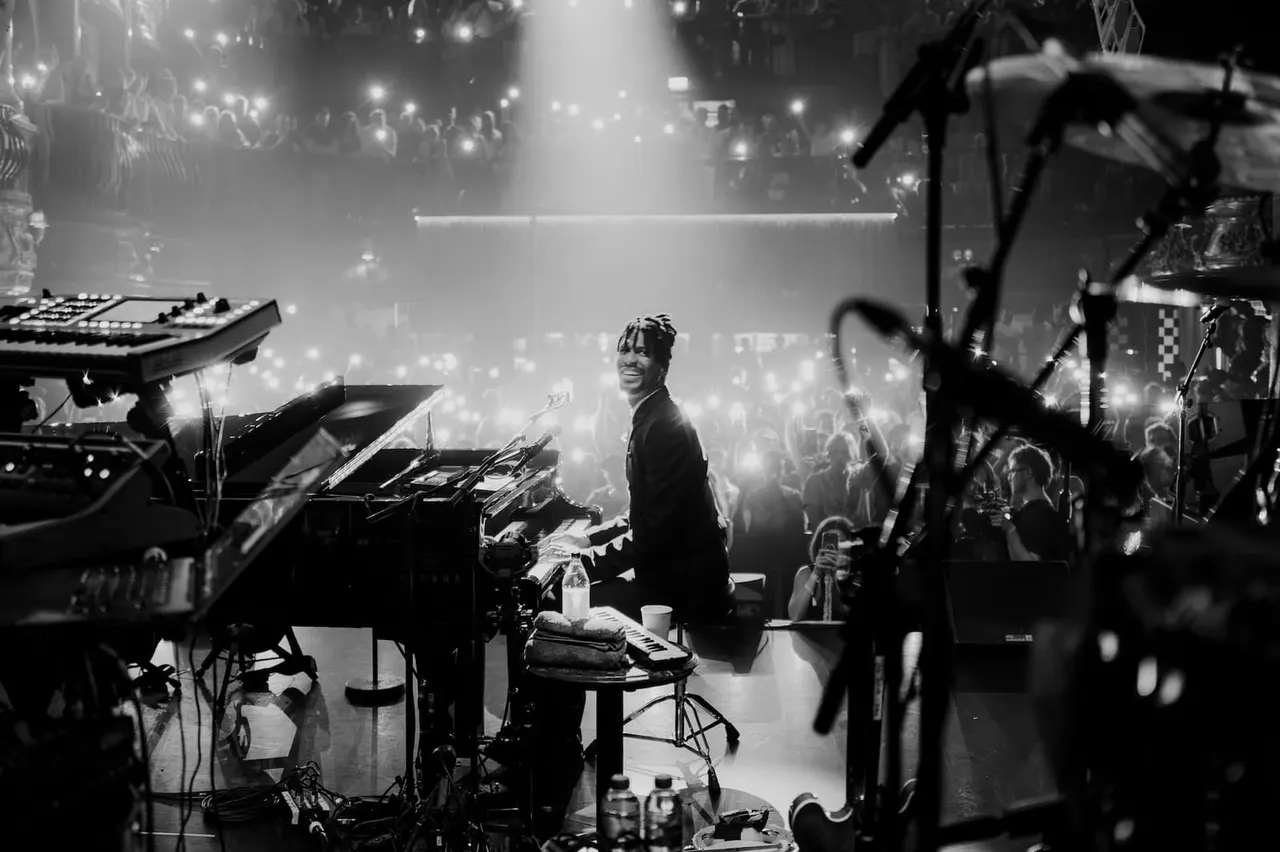 Musician performing on stage at a concert venue with a large crowd and atmospheric lighting in black and white.