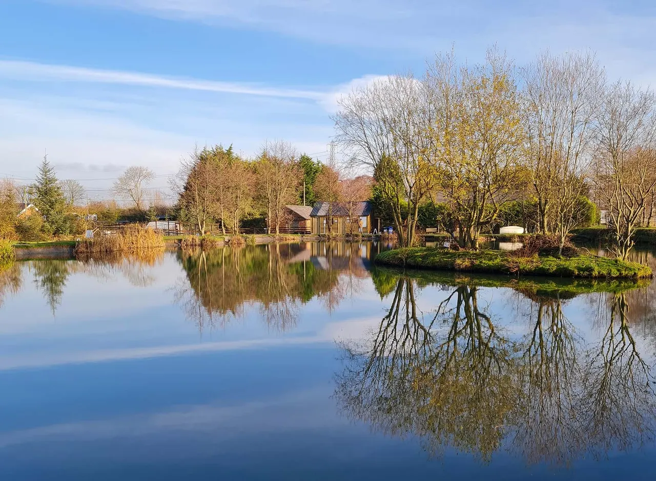 Still water with bare and golden trees reflected, small buildings and jetties visible across the lake against a blue sky.