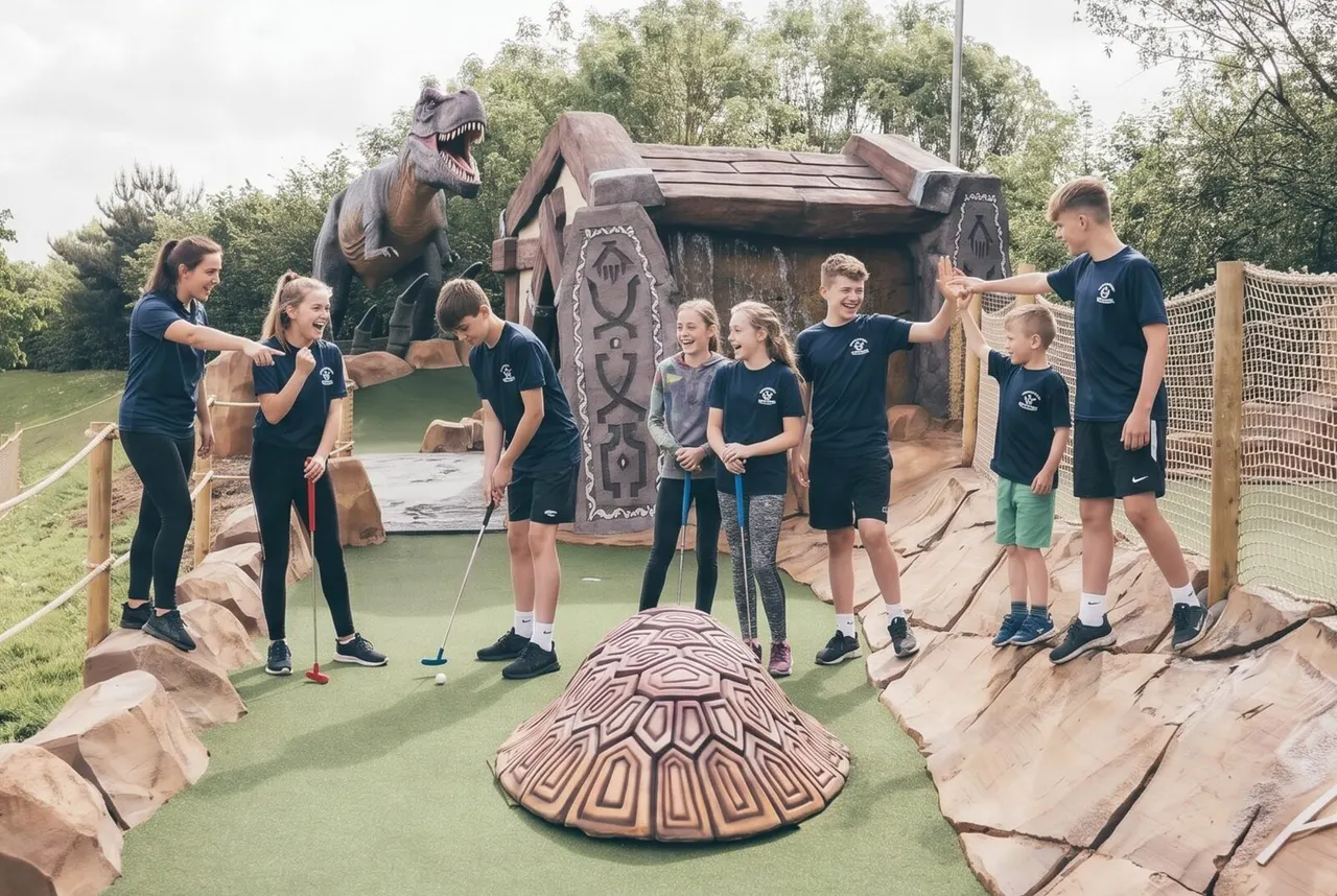 Group of children and adults playing mini golf on a dinosaur-themed course with a large dinosaur sculpture and tribal hut backdrop.