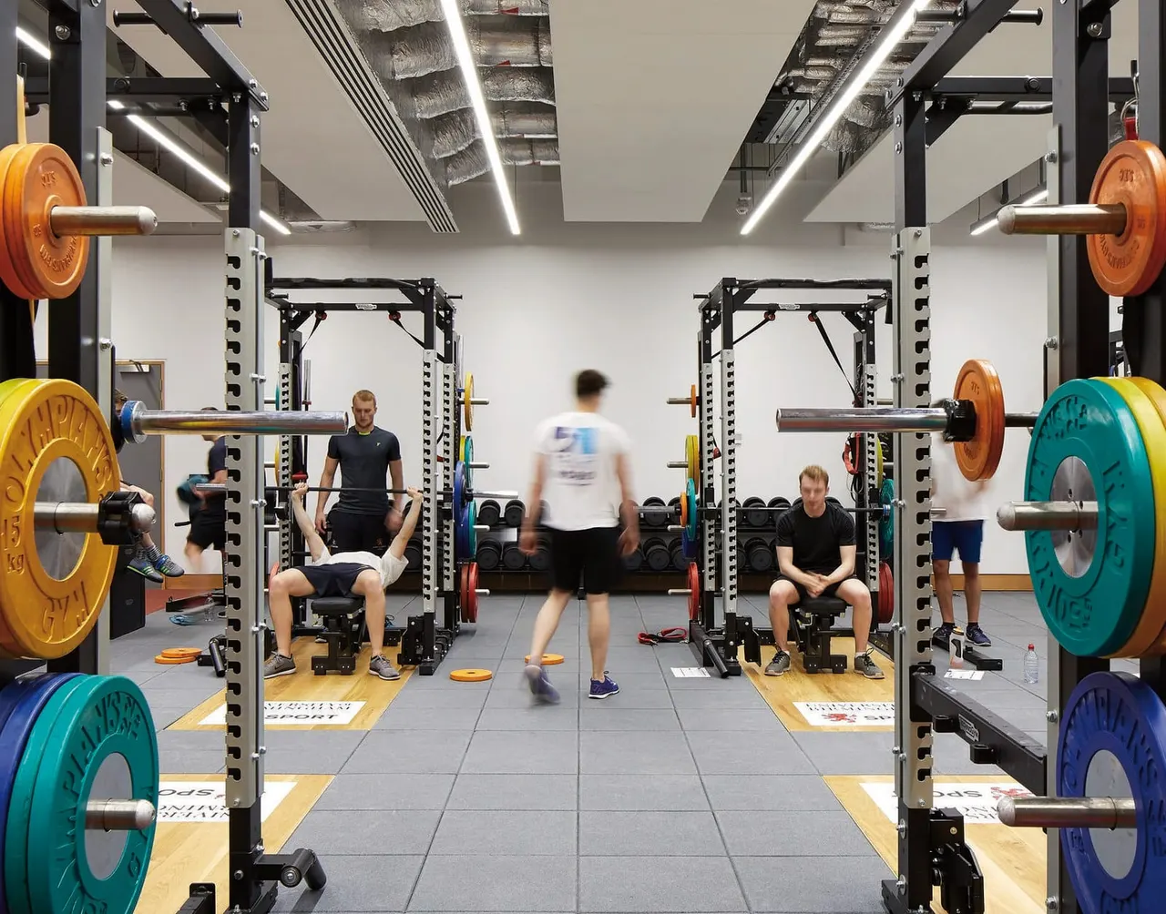 Multiple people training in a modern gym with weightlifting racks, colourful weight plates, and LED lighting.