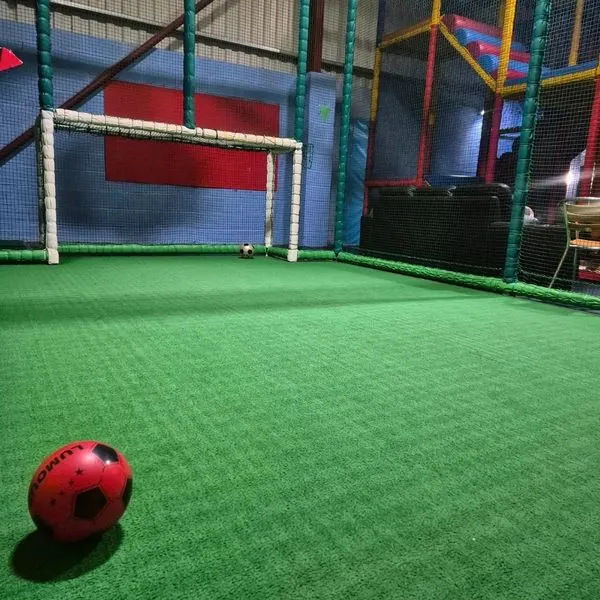 Red football on synthetic grass pitch inside indoor play facility with goal and coloured safety netting.