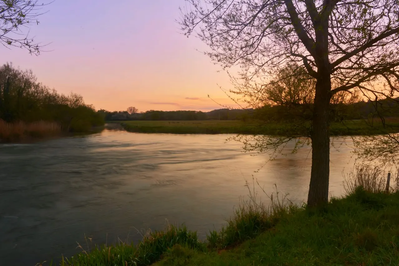 River flowing past grassy banks and bare trees at dusk, with pink and gold sky reflected in the water.