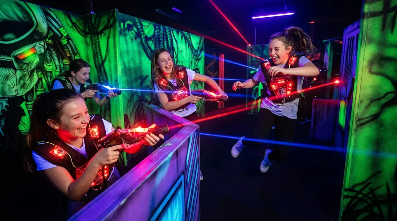 Children playing laser tag with illuminated vests and blasters in a neon-lit arena with green and purple lighting effects.