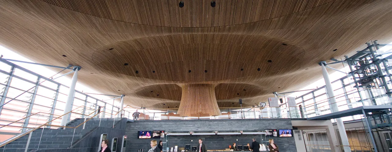 Interior of The Senedd showing the distinctive wooden ceiling structure with supporting columns and viewing gallery below.