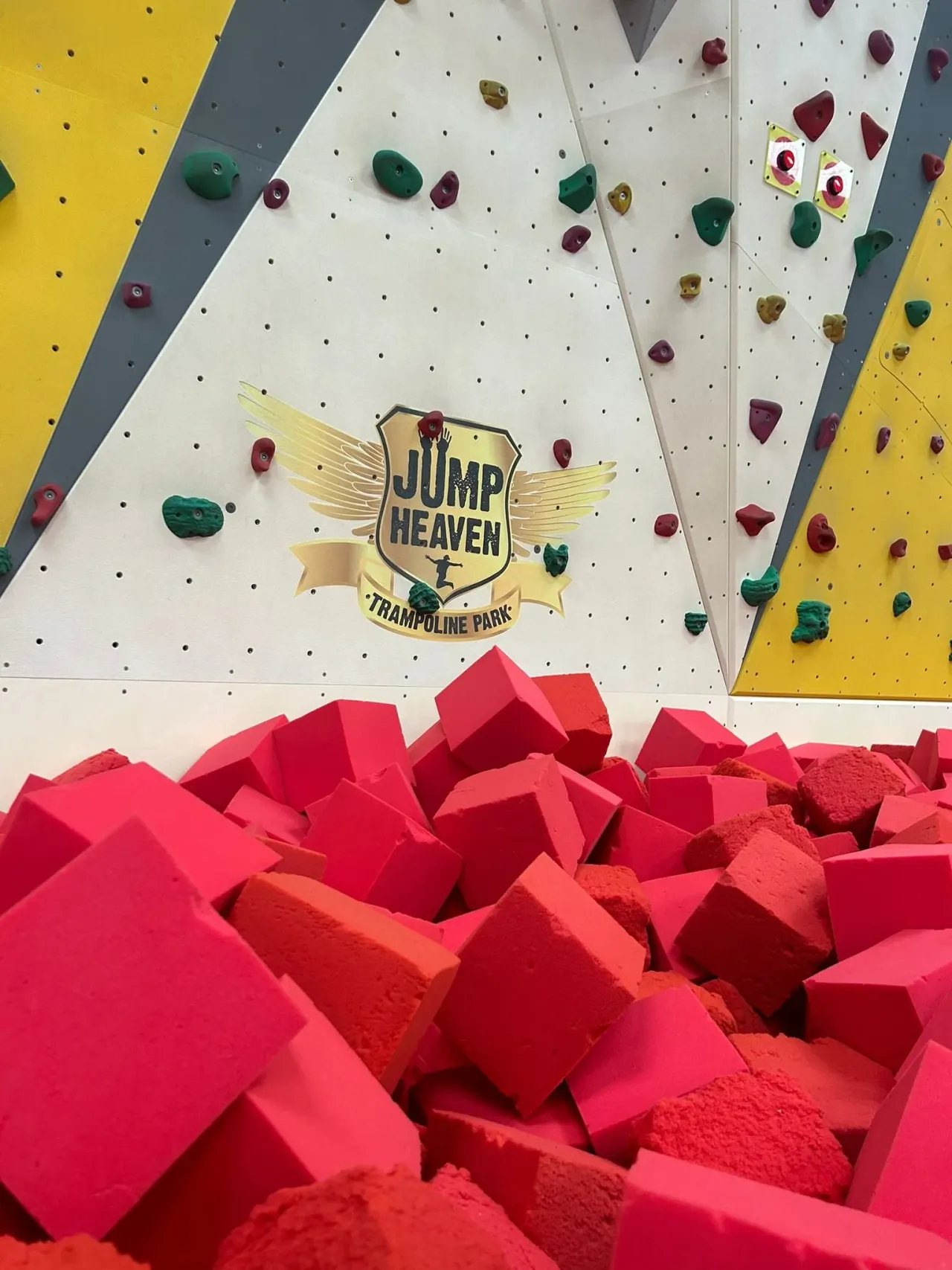 Indoor climbing wall with coloured holds and a foam pit below.