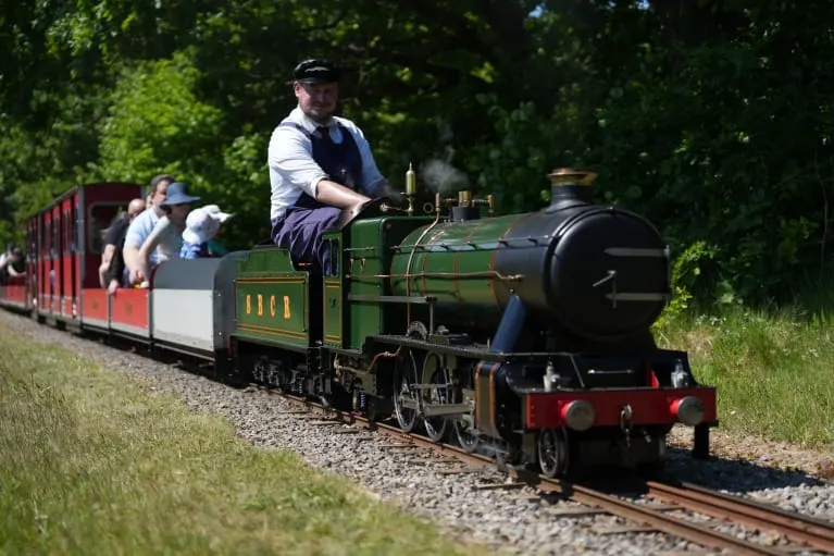 Man operating a green miniature steam locomotive pulling red passenger carriages along a track through woodland.