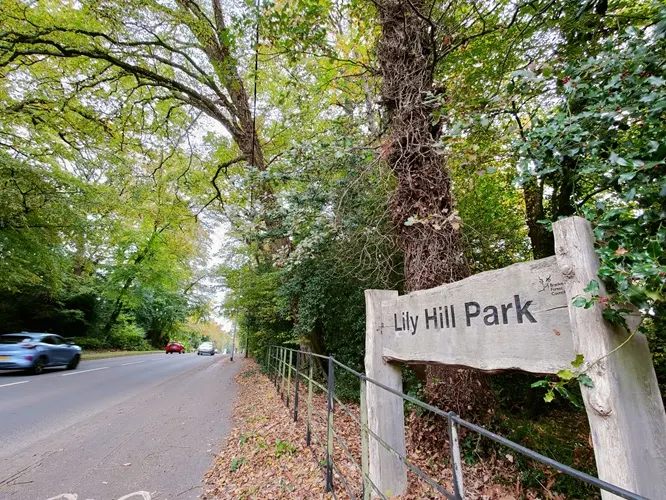 Entrance to Lily Hill Park with white signage, metal railings, mature trees and a tree-lined road with vehicles.