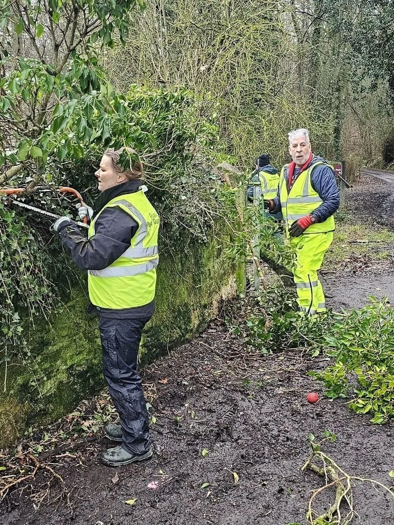 Three volunteers in high-visibility clothing performing woodland maintenance and vegetation clearing along a tree-lined path.