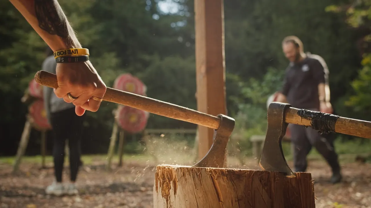 Person wearing a wristband swinging an axe at a wooden log during an outdoor axe-throwing activity.