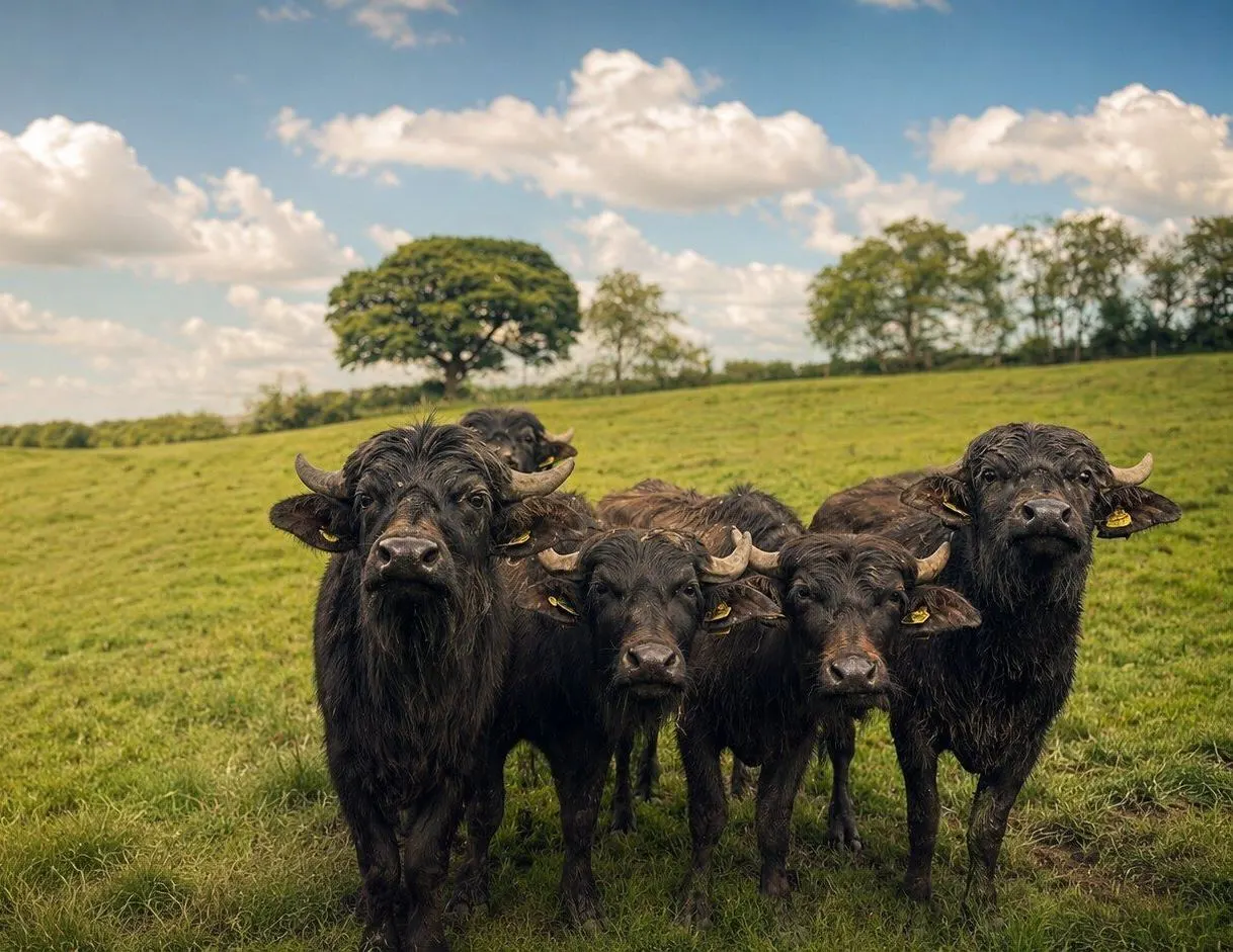 A herd of black goats standing in a green pasture with trees and blue sky in the background.
