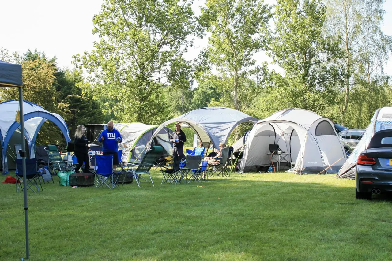 Camping field with multiple tents, camping chairs and visitors socialising among parked cars and trees.